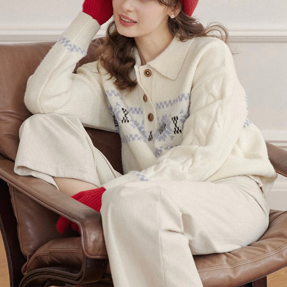 NWT!!!! Simple Retro Norah Snowflake Jacquard Polo Fair Isle Knit Sweater S